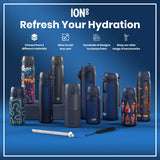 Several ION8 water bottles, in various sizes and designs, are displayed on a blue surface. Accessories are also shown. The text reads:
