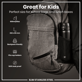 A gray backpack sits, holding a black water bottle in a mesh pocket. Its dimensions and features are listed: 600ml/20oz, 232 x 65 mm, backpack friendly, fits cup holders, and is 100% leak proof. It's marketed as