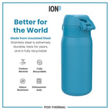 A teal insulated stainless steel water bottle sits against a white background. The bottle is shown with text advertising its durability, recyclability, and other features. The text includes