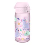 A pink water bottle, decorated with unicorns and clouds, sits on a white background. The bottle is leakproof, as indicated by the
