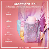 A pink water bottle fits inside a mesh pocket of a pastel-colored backpack; it is designed for kids' school bags and lunchboxes. 350ml/12oz, 169 x 67 mm, lunchbox and cup holder friendly, 100% leak proof. POD RECYCLON™