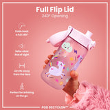A pink children's water bottle, featuring a unicorn design, is being held; its full flip lid provides a 240° opening. The bottle is shown against a pink background. The text reads: “Full Flip Lid 240° Opening,” “Folds back a full 240°,” “Safer clear line of sight,” “Lid sits away from the face,” “Perfect for drinking on the go,” and “POD RECYCLON™.”