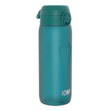 A teal plastic water bottle sits against a white background. The bottle has a hinged, textured lid and the word