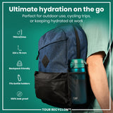 A backpack holds a water bottle; it's designed for outdoor activities and work. 750ml/24oz, 224 x 78 mm. Backpack friendly. Fits bottle holders. 100% leak proof. TOUR RECYCLON™