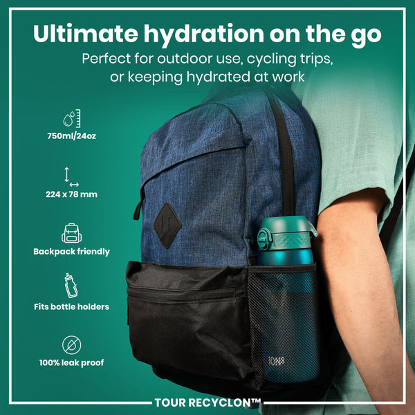 A backpack holds a water bottle; it's designed for outdoor activities and work. 750ml/24oz, 224 x 78 mm. Backpack friendly. Fits bottle holders. 100% leak proof. TOUR RECYCLON™