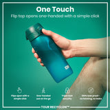 A teal water bottle is being held; its flip top is opened with one hand. The bottle features the brand name
