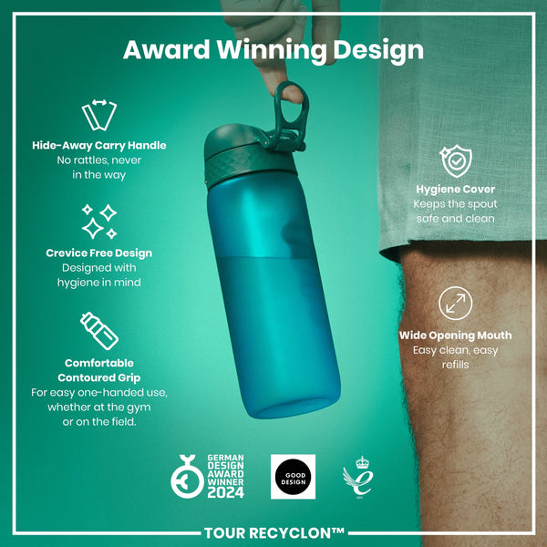A teal water bottle is held; its features are highlighted, including a hide-away handle, crevice-free design, contoured grip, hygiene cover, and wide mouth. The bottle is an award-winning design.
