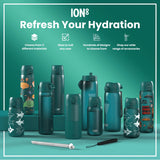 Several teal water bottles, various sizes and designs, are displayed on a teal surface. Refresh Your Hydration. Choose from 3 different materials. Sizes to suit any user. Hundreds of designs to choose from. Shop our wide range of accessories.