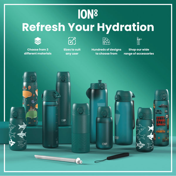 Several teal water bottles, various sizes and designs, are displayed on a teal surface. Refresh Your Hydration. Choose from 3 different materials. Sizes to suit any user. Hundreds of designs to choose from. Shop our wide range of accessories.