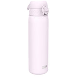 A light purple water bottle stands upright against a white background. The bottle has a screw-on lid and the word
