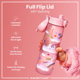 A pink water bottle, featuring a unicorn design, is held; its full flip lid allows for a 240° opening. The bottle is labeled