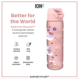 A pink water bottle, featuring a unicorn design, sits against a white background. It is made from a plant-based polymer, is BPA-free, odour resistant, and dishwasher safe. The text advertises it as