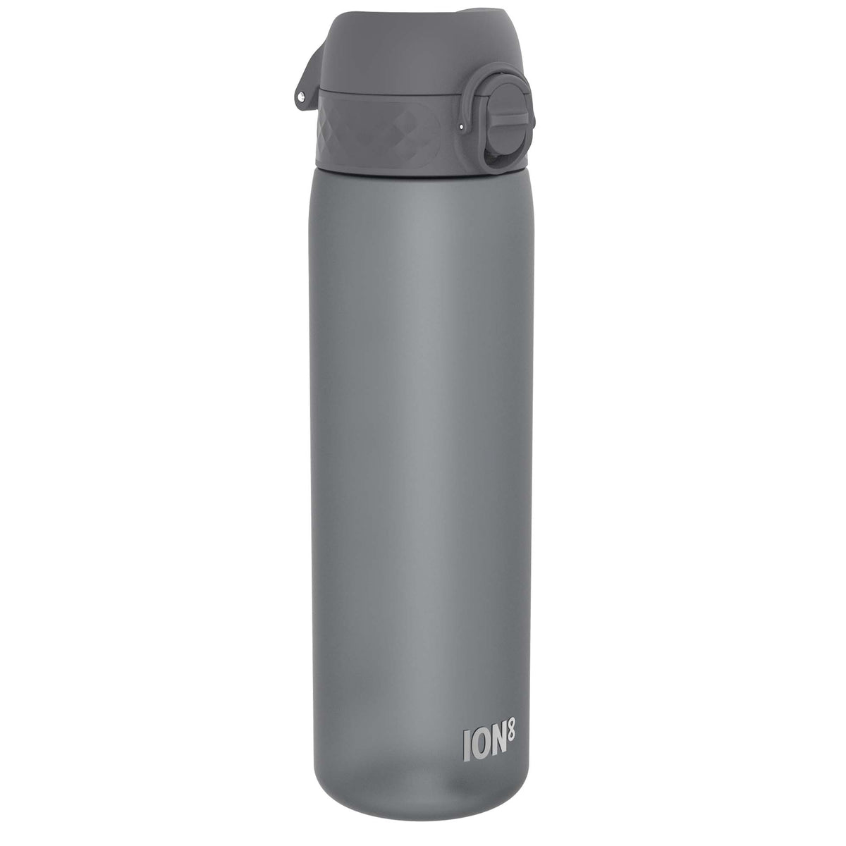 A dark gray plastic water bottle with a flip-top lid sits against a white background. ION8 is printed on the bottle.