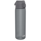 A dark gray plastic water bottle with a flip-top lid sits against a white background. ION8 is printed on the bottle.