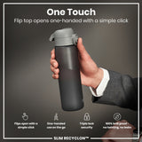 A dark gray water bottle is held; its flip top opens one-handed. The bottle features a triple lock security and is 100% leak proof. The context is a simple product advertisement.