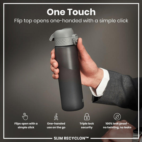 A dark gray water bottle is held; its flip top opens one-handed. The bottle features a triple lock security and is 100% leak proof. The context is a simple product advertisement.