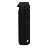 A black water bottle, standing upright, features a textured lid and a brand label reading