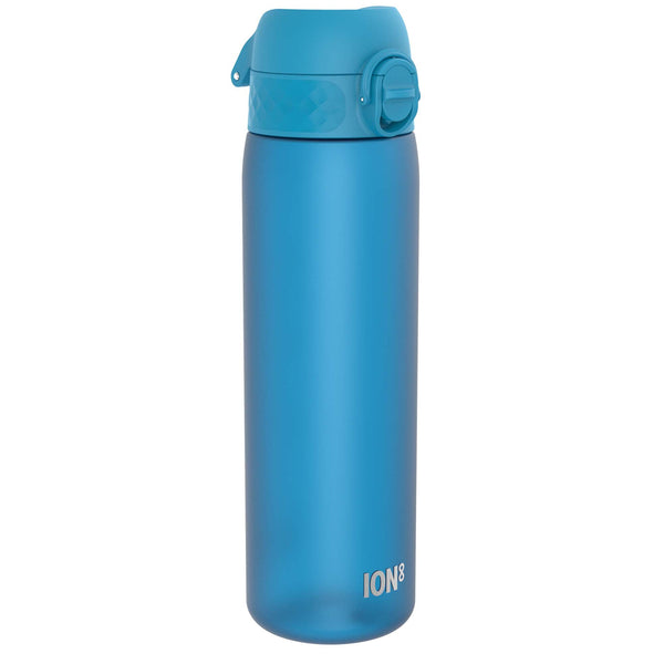 A blue plastic water bottle stands upright against a white background. ION8 is printed near the base.