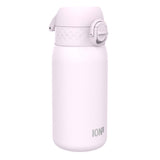 A light-pink water bottle sits on a white background. The bottle has a textured lid and a hinged carrying loop. The brand