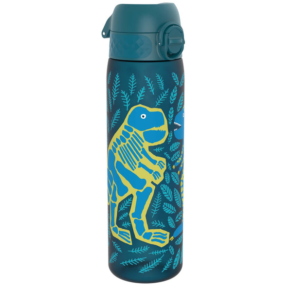 A teal water bottle stands upright; it is decorated with dinosaur skeletons and leaves.