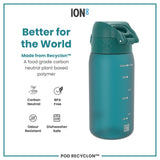 A teal water bottle sits on a white background; it displays measurement markings and a QR code. The bottle is made from a plant-based polymer and is advertised as carbon neutral, BPA free, odour resistant and dishwasher safe.
