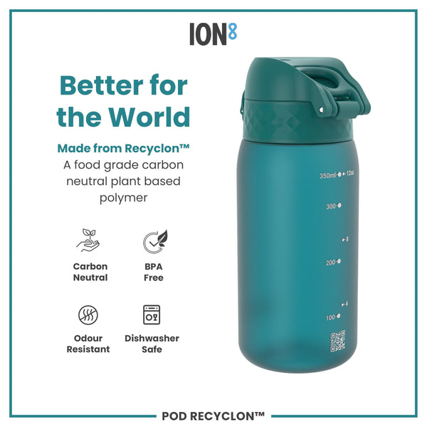 A teal water bottle sits on a white background; it displays measurement markings and a QR code. The bottle is made from a plant-based polymer and is advertised as carbon neutral, BPA free, odour resistant and dishwasher safe.