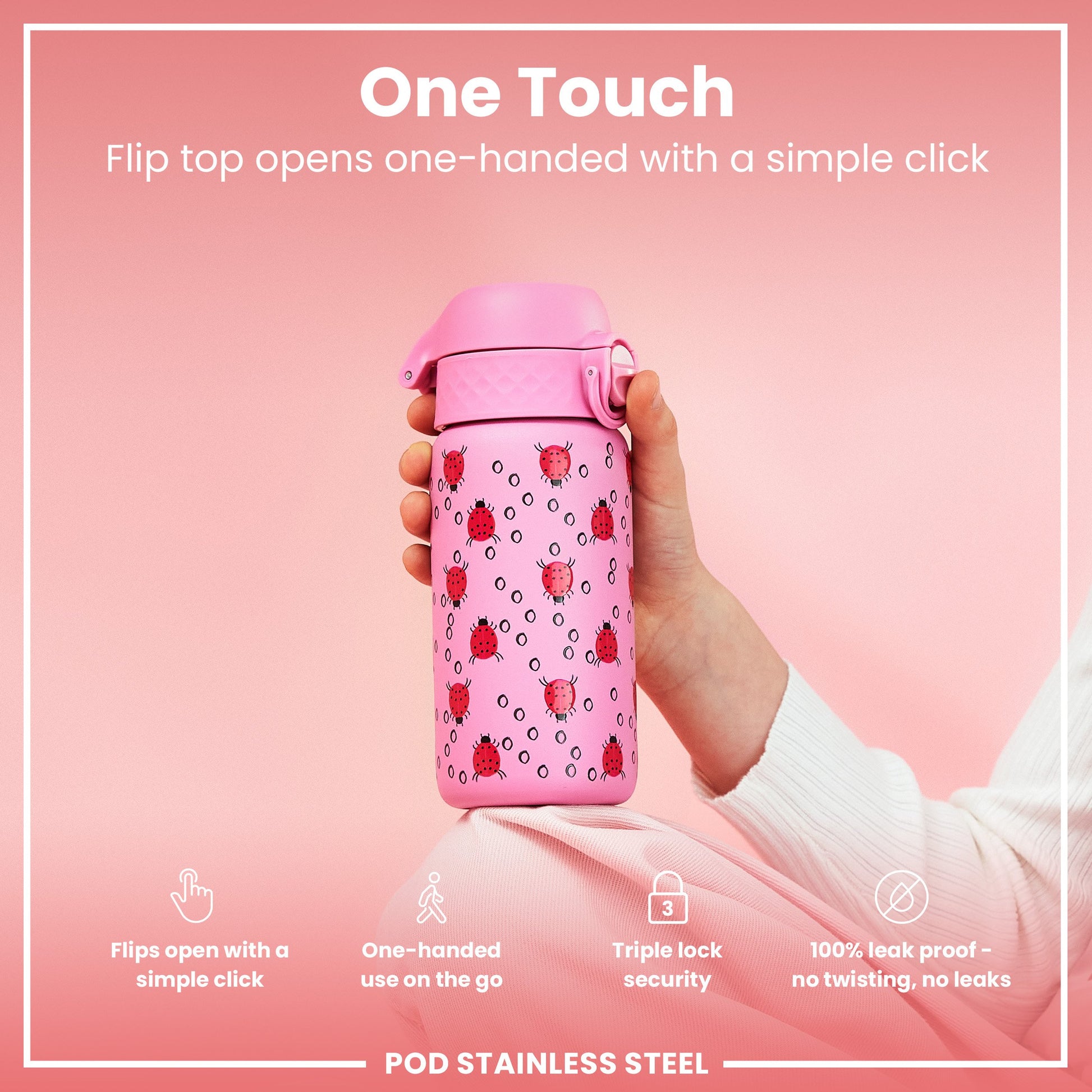 Leak Proof Kids Water Bottle, Stainless Steel, Ladybugs, 400ml (13oz)