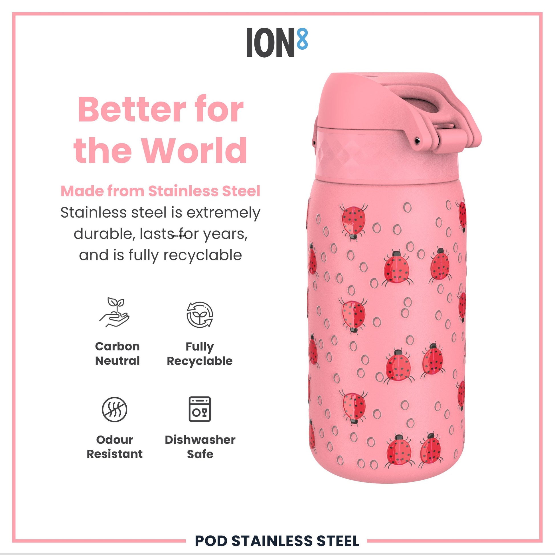 Leak Proof Kids Water Bottle, Stainless Steel, Ladybugs, 400ml (13oz)