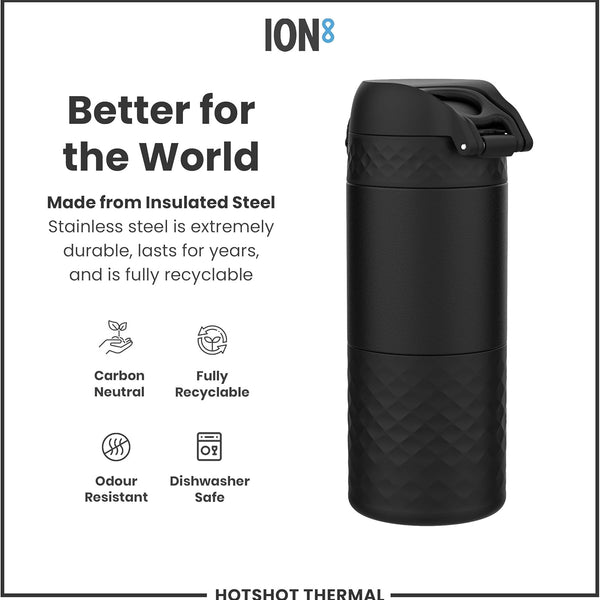 ION8 Insulated Travel Mug, 360 ml/12 oz, Leak Proof, Triple Lock Secure, Spill-Free in Transit, Hygienic Cover, Easy-to-Clean, Perfect On-The-Go, Black, Stainless Steel
