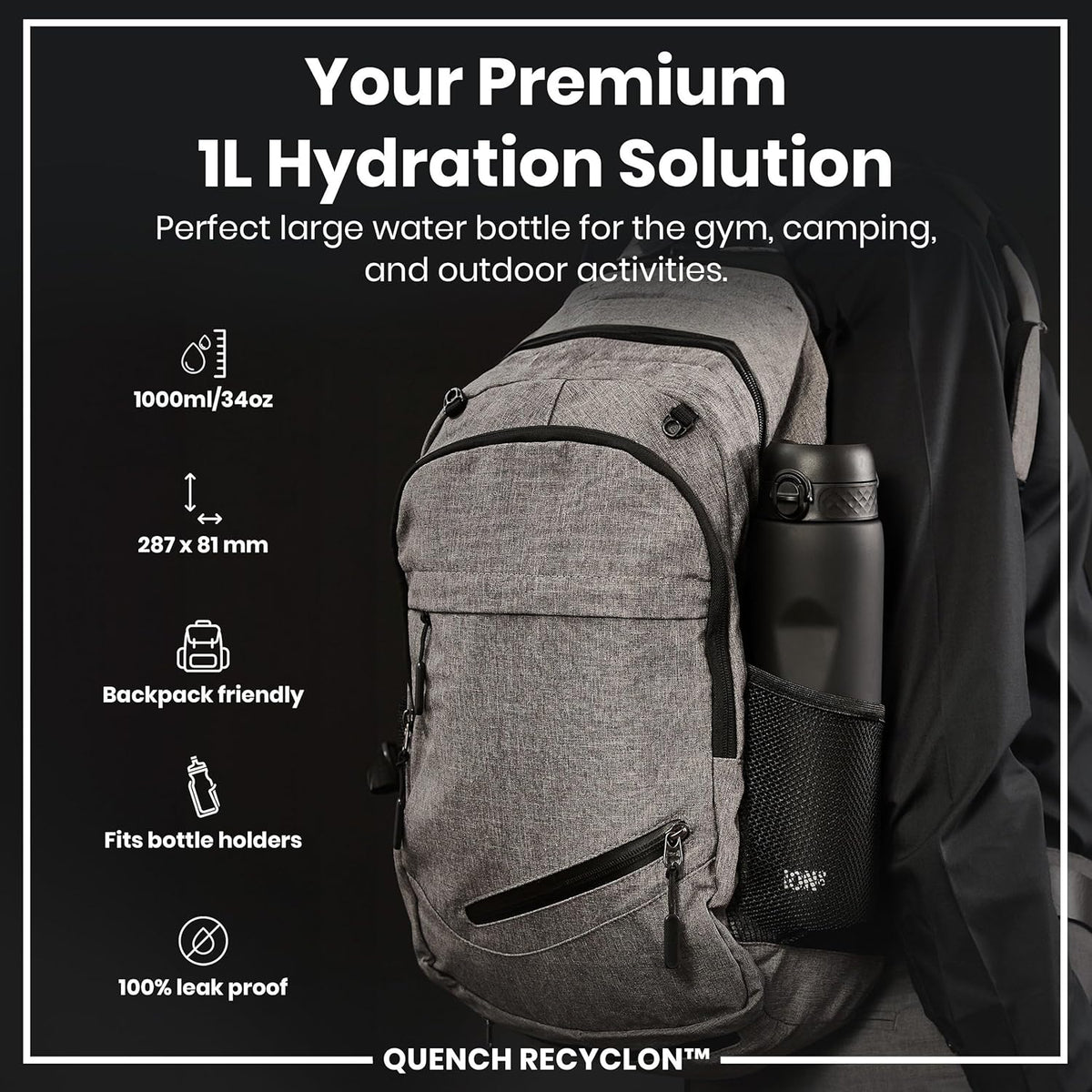 Ion8 Quench 1 Litre Water Bottle, Leak Proof, Flip Lid, Carry Handle, Rapid Liquid Flow, Dishwasher Safe, BPA Free, Soft Touch Contoured Grip, Ideal for Sports and Gym, Carbon Neutral, 32 oz, Black