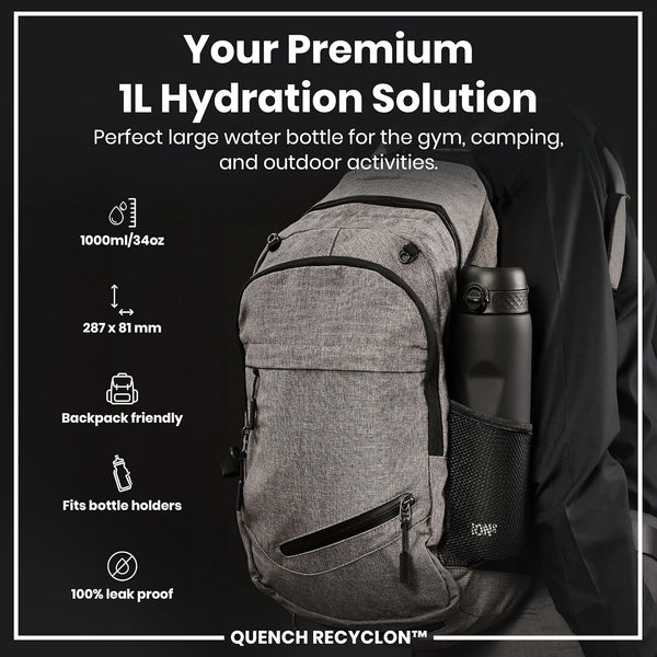 Ion8 Quench 1 Litre Water Bottle, Leak Proof, Flip Lid, Carry Handle, Rapid Liquid Flow, Dishwasher Safe, BPA Free, Soft Touch Contoured Grip, Ideal for Sports and Gym, Carbon Neutral, 32 oz, Black