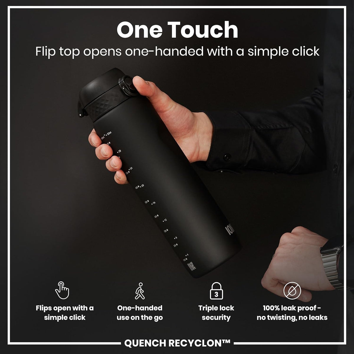 Ion8 Quench 1 Litre Water Bottle, Leak Proof, Flip Lid, Carry Handle, Rapid Liquid Flow, Dishwasher Safe, BPA Free, Soft Touch Contoured Grip, Ideal for Sports and Gym, Carbon Neutral, 32 oz, Black