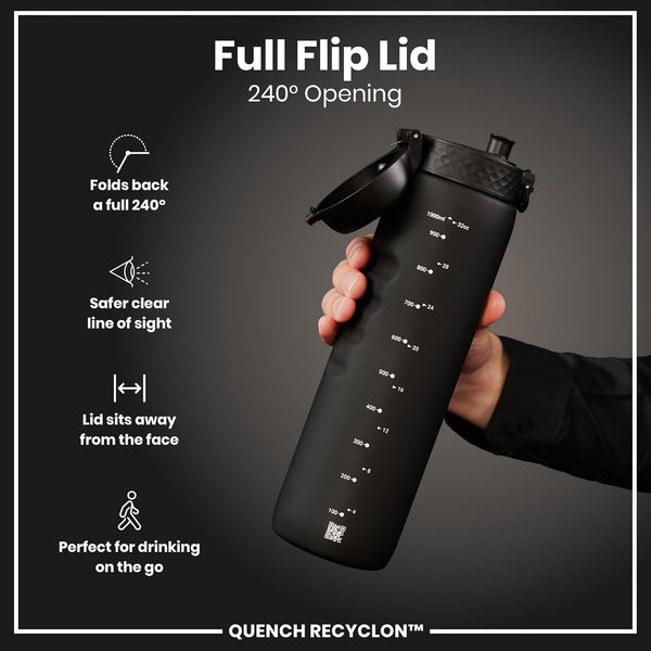 Ion8 Quench 1 Litre Water Bottle, Leak Proof, Flip Lid, Carry Handle, Rapid Liquid Flow, Dishwasher Safe, BPA Free, Soft Touch Contoured Grip, Ideal for Sports and Gym, Carbon Neutral, 32 oz, Black