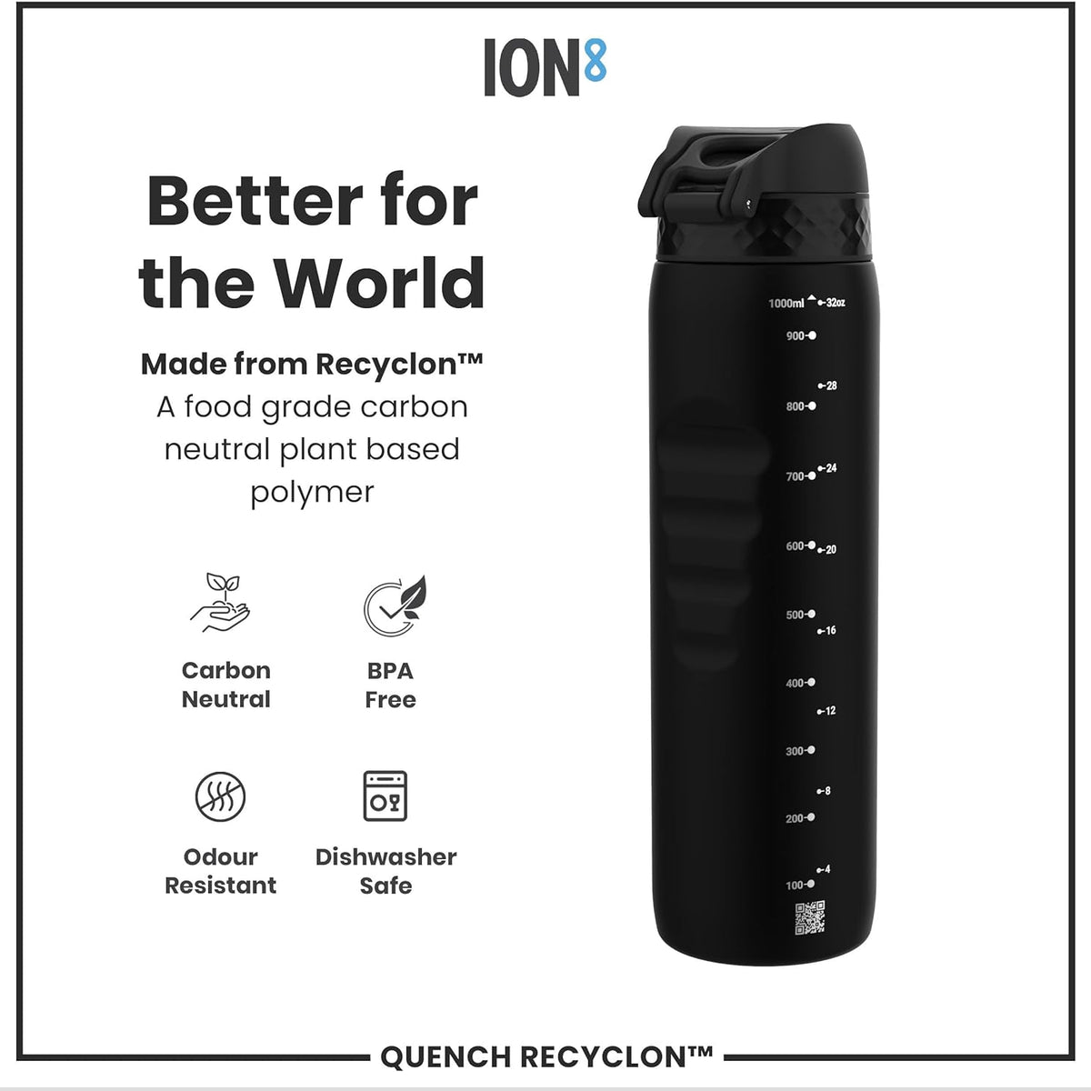 Ion8 Quench 1 Litre Water Bottle, Leak Proof, Flip Lid, Carry Handle, Rapid Liquid Flow, Dishwasher Safe, BPA Free, Soft Touch Contoured Grip, Ideal for Sports and Gym, Carbon Neutral, 32 oz, Black