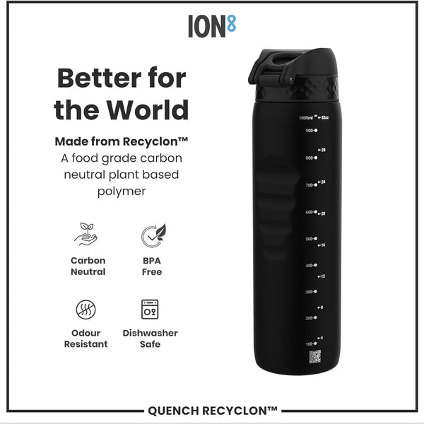 Ion8 Quench 1 Litre Water Bottle, Leak Proof, Flip Lid, Carry Handle, Rapid Liquid Flow, Dishwasher Safe, BPA Free, Soft Touch Contoured Grip, Ideal for Sports and Gym, Carbon Neutral, 32 oz, Black