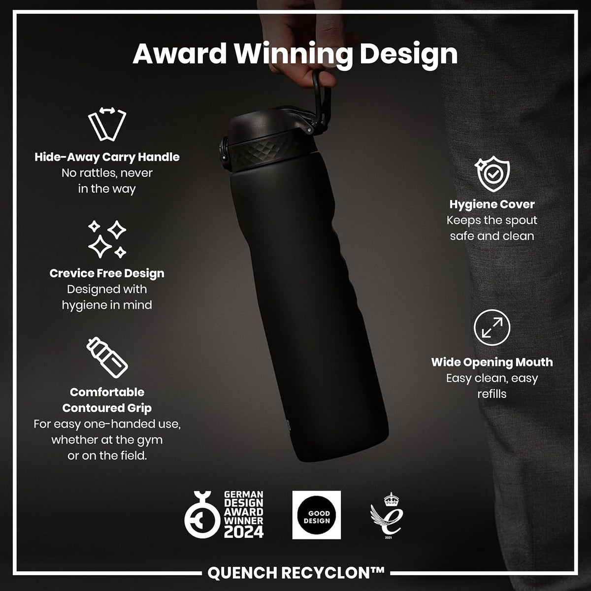 Ion8 Quench 1 Litre Water Bottle, Leak Proof, Flip Lid, Carry Handle, Rapid Liquid Flow, Dishwasher Safe, BPA Free, Soft Touch Contoured Grip, Ideal for Sports and Gym, Carbon Neutral, 32 oz, Black