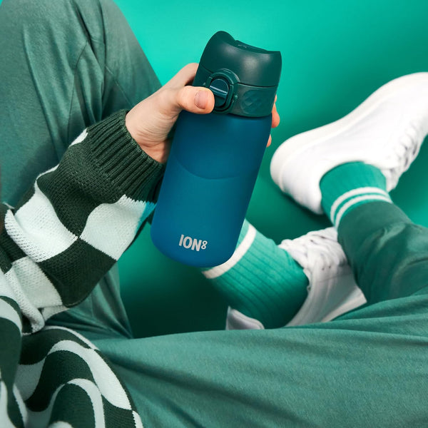 Ion8 Small Water Bottle, Pod 350 ml/12 oz, Leak Proof, Recyclon  Easy to Open, Secure Lock, Dishwasher Safe, BPA Free, Carry Handle, Hygienic Flip Cover, Easy Clean, Odor Free, Carbon Neutral, Aqua Blue