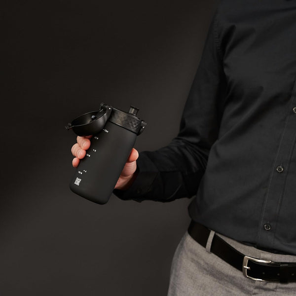 Ion8 Small Water Bottle, Pod 350 ml/12 oz, Leak Proof, Easy to Open, Secure Lock, Dishwasher Safe, BPA Free, Recyclon, Carry Handle, Hygienic Flip Cover, Easy Clean, Odor Free, Carbon Neutral, Black