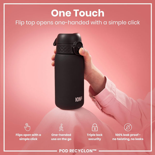 Ion8 Small Water Bottle, Pod 350 ml/12 oz, Leak Proof, Easy to Open, Secure Lock, Dishwasher Safe, BPA Free, Recyclon, Carry Handle, Hygienic Flip Cover, Easy Clean, Odor Free, Carbon Neutral, Black