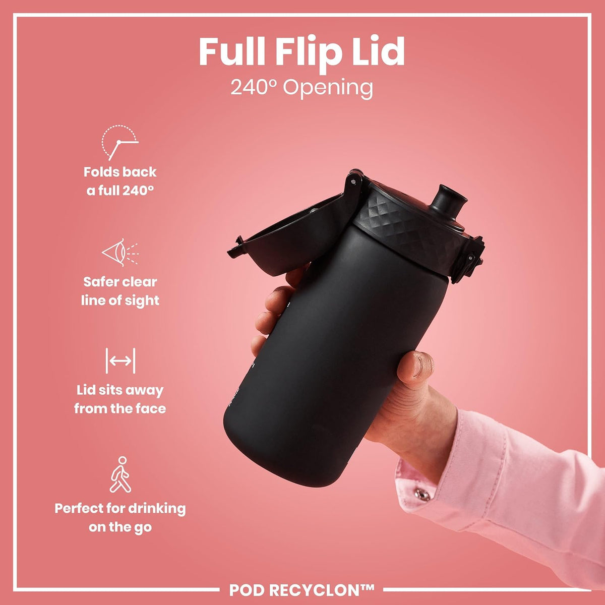 Ion8 Small Water Bottle, Pod 350 ml/12 oz, Leak Proof, Easy to Open, Secure Lock, Dishwasher Safe, BPA Free, Recyclon, Carry Handle, Hygienic Flip Cover, Easy Clean, Odor Free, Carbon Neutral, Black