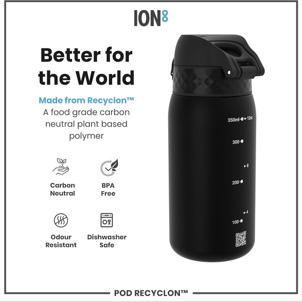 Ion8 Small Water Bottle, Pod 350 ml/12 oz, Leak Proof, Easy to Open, Secure Lock, Dishwasher Safe, BPA Free, Recyclon, Carry Handle, Hygienic Flip Cover, Easy Clean, Odor Free, Carbon Neutral, Black