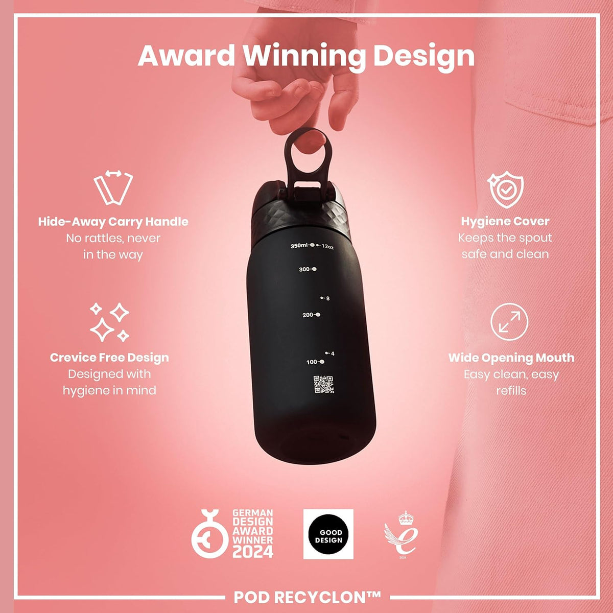 Ion8 Small Water Bottle, Pod 350 ml/12 oz, Leak Proof, Easy to Open, Secure Lock, Dishwasher Safe, BPA Free, Recyclon, Carry Handle, Hygienic Flip Cover, Easy Clean, Odor Free, Carbon Neutral, Black