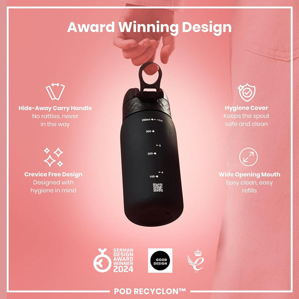 Ion8 Small Water Bottle, Pod 350 ml/12 oz, Leak Proof, Easy to Open, Secure Lock, Dishwasher Safe, BPA Free, Recyclon, Carry Handle, Hygienic Flip Cover, Easy Clean, Odor Free, Carbon Neutral, Black