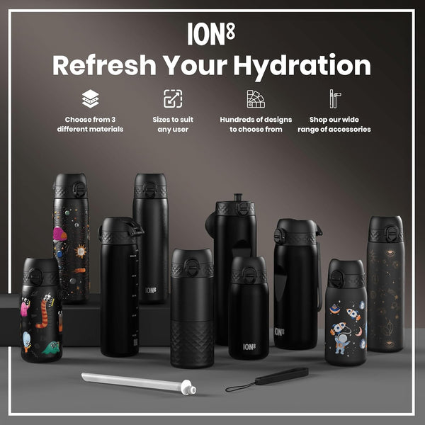 Ion8 Small Water Bottle, Pod 350 ml/12 oz, Leak Proof, Easy to Open, Secure Lock, Dishwasher Safe, BPA Free, Recyclon, Carry Handle, Hygienic Flip Cover, Easy Clean, Odor Free, Carbon Neutral, Black