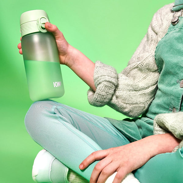 Ion8 Small Water Bottle,Pod 350 ml/12 oz, Leak Proof, Easy to Open, Secure Lock, Dishwasher Safe, BPA Free, Carry Handle, Hygienic Flip Cover, Easy Clean, Odor Free, Carbon Neutral, Surf Green