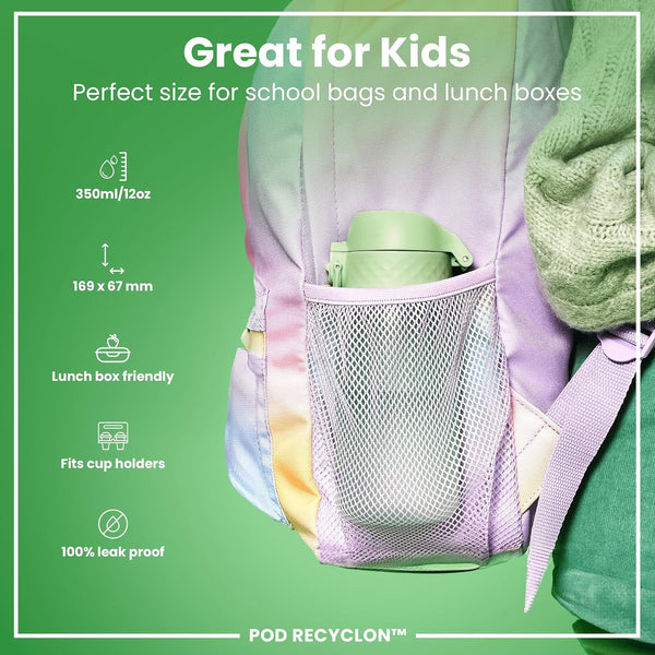 Ion8 Small Water Bottle,Pod 350 ml/12 oz, Leak Proof, Easy to Open, Secure Lock, Dishwasher Safe, BPA Free, Carry Handle, Hygienic Flip Cover, Easy Clean, Odor Free, Carbon Neutral, Surf Green