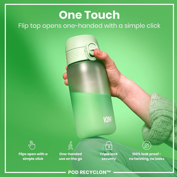 Ion8 Small Water Bottle,Pod 350 ml/12 oz, Leak Proof, Easy to Open, Secure Lock, Dishwasher Safe, BPA Free, Carry Handle, Hygienic Flip Cover, Easy Clean, Odor Free, Carbon Neutral, Surf Green