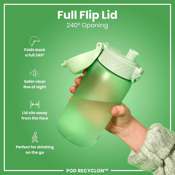 Ion8 Small Water Bottle,Pod 350 ml/12 oz, Leak Proof, Easy to Open, Secure Lock, Dishwasher Safe, BPA Free, Carry Handle, Hygienic Flip Cover, Easy Clean, Odor Free, Carbon Neutral, Surf Green