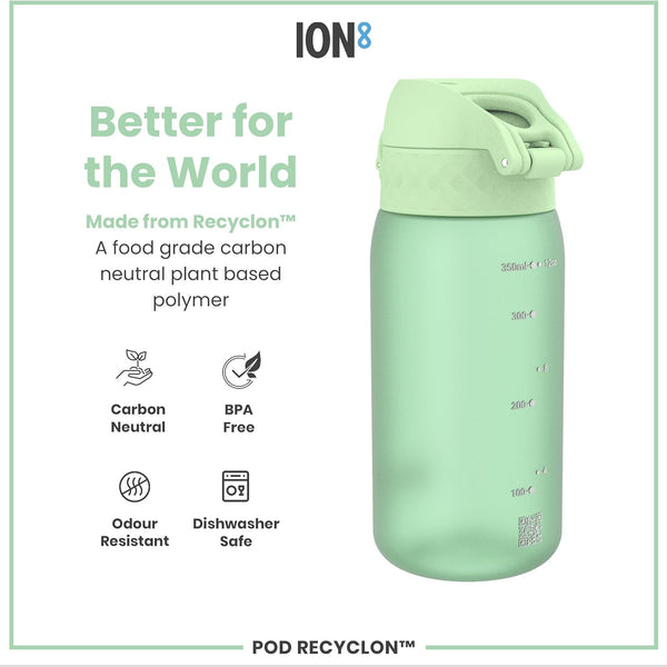 Ion8 Small Water Bottle,Pod 350 ml/12 oz, Leak Proof, Easy to Open, Secure Lock, Dishwasher Safe, BPA Free, Carry Handle, Hygienic Flip Cover, Easy Clean, Odor Free, Carbon Neutral, Surf Green