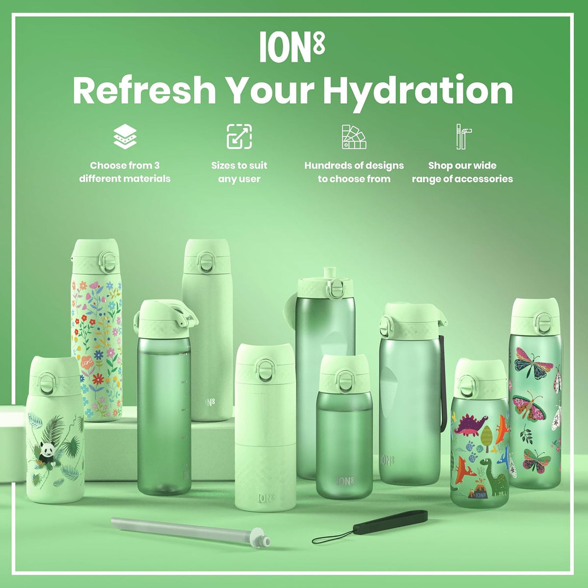 Ion8 Small Water Bottle,Pod 350 ml/12 oz, Leak Proof, Easy to Open, Secure Lock, Dishwasher Safe, BPA Free, Carry Handle, Hygienic Flip Cover, Easy Clean, Odor Free, Carbon Neutral, Surf Green